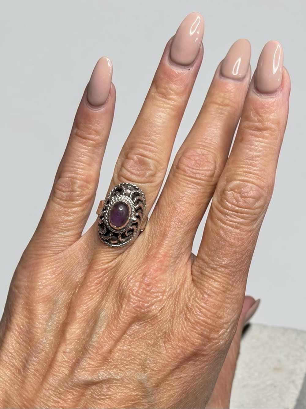 Vintage Taxco Mexico Sterling Silver Poison Ring Amethyst FMD Eagle Mark Sz 6